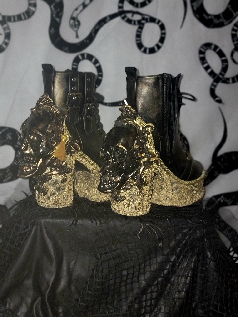 Hand Crafted Black and Gold Skull-Heel Platform Boots - Women - Picture 4 of 4